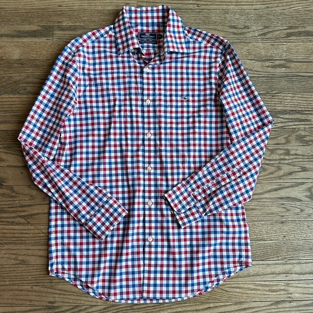 Vineyard Vines Slim Fit Tucker Shirt Mens Red White Blue Plaid Long Sleeve Whale